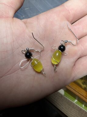 Handmade Yellow Bee Drop Earrings with Black Head